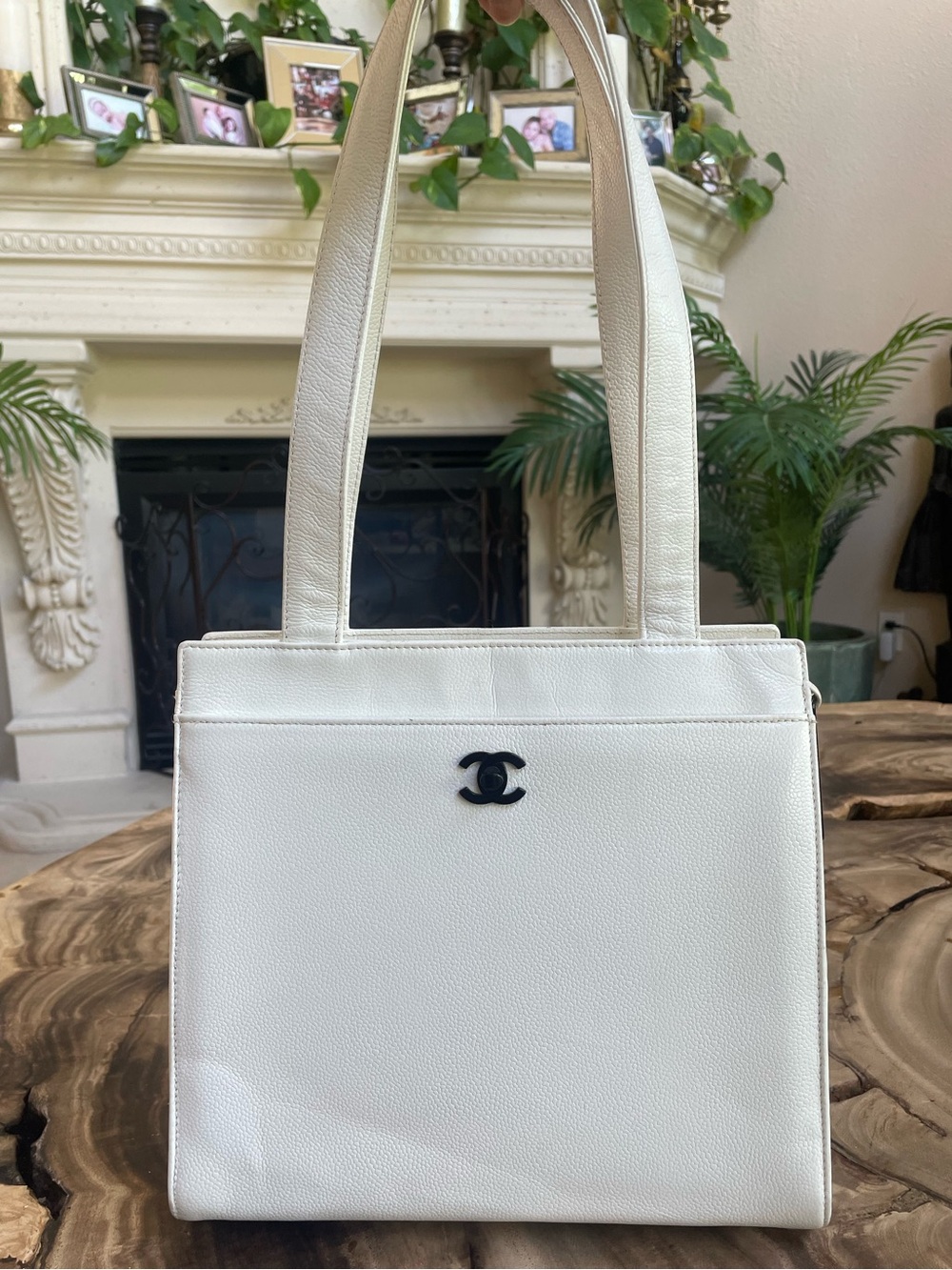 Chanel white vintage Caviar shopper tote black hardware shoulder bag vintage